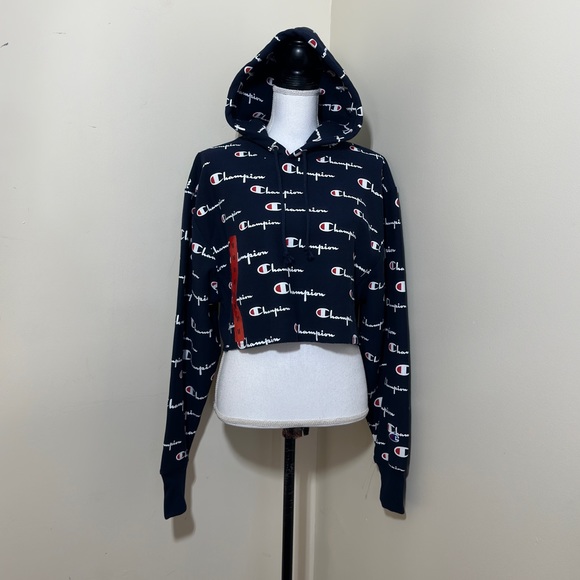 NWOT Champion Reverse Weave All Over Logo Print Crop Pullover Hoodie  Sz… - Picture 2 of 7